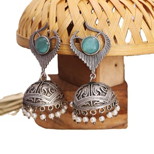 Antique Silver Plated Brass Stud Earrings with Bollywood Jhumka Artificial Stone for Women's Anniversary - Product Image 1