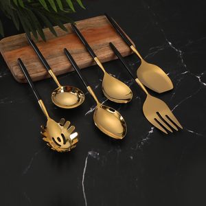 Ensemble d'ustensiles de service en acier inoxydable finition dorée avec manche noir, vaisselle haut de gamme pour la salle à manger, la cuisine et l'hôtellerie - Product Image 1
