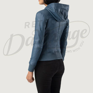 Chaqueta Bomber Azul de Cuero Genuino para Mujer con Capucha, Acolchada, Ajustada, de Piel de Oveja Premium, Abrigo Casual de Invierno a la Moda - Product Image 2
