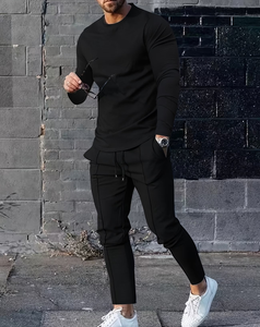 Men's Black Long Sleeve T-Shirt Pants Set Crew Neck Solid 92% Polyester Casual Knitted Breathable High Quality Quick Dry Autumn - Product Image 2