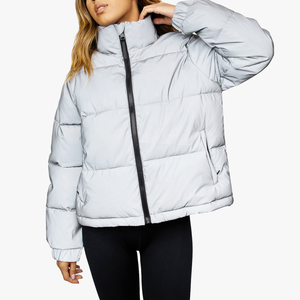 Hooded Collar <b>Women's</b> Winter Long Sleeve Stand Collar Metallic <b>Silver</b> Winter Coat Thick Woven Polyester Zipper Short Length - Product Image 1