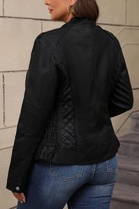 Women's Black PU Leather Bomber Jacket Full Sleeve <b>Zipper</b> Closure Stand Collar Quilted Autumn Style - Product Image 2