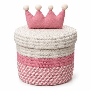 Panier de rangement en corde de coton avec couvercle et motif couronne, rose et crème, tissé, décoratif, pour chambre d'enfant et rangement domestique - Product Image 1