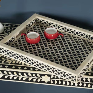 Plateau de service artisanal de haute qualité en os incrusté, plateau rond artisanal en os incrusté avec poignées, provenant d'Inde - Product Image 1