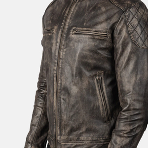 Men Genuine Leather Moto <b>Jacket</b> Stand Collar Zipper Closure Slim Fit Washed Finish Autumn Solid Color Regular Length - Product Image 6