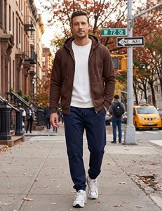 Sweat à capuche zippé Smart Fit pour homme, marron, en polaire, coupe classique, couleur unie, décontracté, pour l'automne, vente en gros - Product Image 5