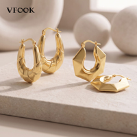 Boucles d'oreilles créoles géométriques hexagonales modernes VFOOK, hypoallergéniques, en or massif 18 carats, pour un port polyvalent