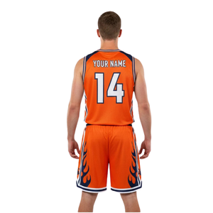 Ensemble d'uniformes de basketball personnalisés pour hommes, orange et bleu marine, maillot sans manches à col en V, short avec imprimé flamme latérale, numéros blancs, kit d'équipe en gros - Product Image 2