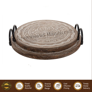 Hot Selling <b>Hand</b> Carved White <b>Wash</b> Color Round Shape Wooden Food Serving Tray <b>Set</b> of 2 Trays with Metal Handles From India - Product Image 3