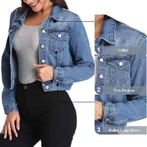 Veste en jean pour femmes, veste en jean bleue à manches longues avec 2 poches avant, vestes en jean en gros avec logo personnalisé - Product Image 6