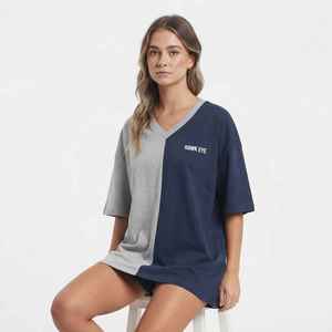 Camiseta Oversize de Mujer con Bloques de Color, Cuello en V, Hombros Caídos, Manga Media, Ajuste Holgado, 100% Algodón Jersey - Product Image 5
