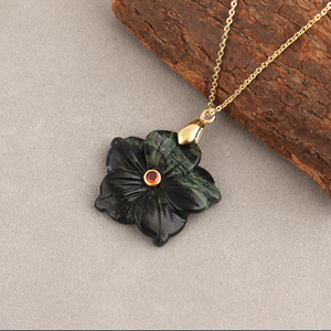 Minimalist kambaba jasper hand carved floral pendant necklace <b>with</b> red cz bezel set stone statement 18k gold plated brass chain - Product Image 5