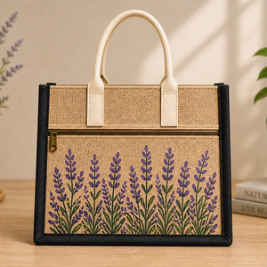 Bolsa de Yute Laminada con Estampado de Lavanda, Bolsillo con Cremallera, Ecológica, Reutilizable, Asa de Cuerda, Personalizable, Venta al Por Mayor - Product Image 1