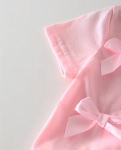 Pink Girls 2Pcs Set Short Sleeve T Shirt With Bows Denim Shorts Sweet Casual Summer Outfit - Product Image 4