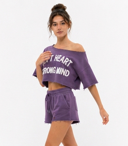 Cropped Off Shoulder Sweat <b>Shorts</b> <b>Set</b> French Terry Distressed Hem Sweat <b>Shorts</b> <b>Short</b> Sleeve Embroidered Crop <b>Top</b> Fleece Crop <b>Set</b> - Product Image 4