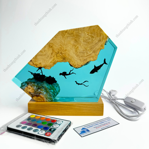 Irregular Epoxy <b>Resin</b> Ocean Art Lamp With Wooden Base Animal Pattern Home Decoration <b>Sculpture</b> Made in VietNam - Product Image 3