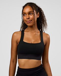 Soutien-gorge de sport pour femme, noir uni, col carré, dos nageur, maintien moyen, sans coutures, pour yoga et fitness - Product Image 1