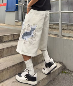 Shorts de Mezclilla Blancos para Hombre, Estampado de Pez Koi con Transferencia Térmica, Estilo Hip Hop, Casuales de Verano - Product Image 6