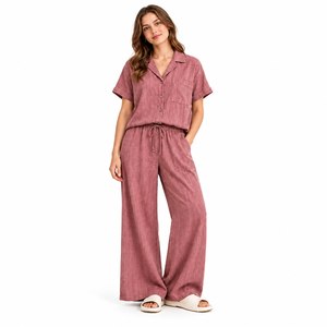 Wholesale <b>Womens</b> Soft Dusty Rose Front Wide Leg Pajama <b>Set</b> Short Sleeve Button Shirt Pants OEM ODM Custom Loungewear - Product Image 1