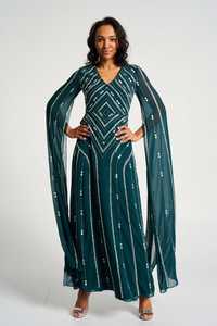 Vestido de Noche Verde Esmeralda con Lentejuelas y Cuentas, Cuello en V, Manga Capa, Corte A, Largo hasta el Suelo, Estilo Imperio Geométrico, Logotipo Frontal, Transpirable - Product Image 4