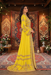 Goldener Blüten-Gelber Samt-Marokkanischer Kleid mit Aufwendiger Handstickerei für Muslimische Frauen, Maxi V-Ausschnitt, Atmungsaktiv, für Hochzeiten - Product Image 3
