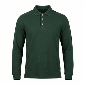 <b>Men's</b> Dark <b>Green</b> Long Sleeve <b>Polo</b> <b>Shirt</b> Cotton Jersey Knitted Casual Solid Design Regular Fit Anti-shrink Button Front - Product Image 1