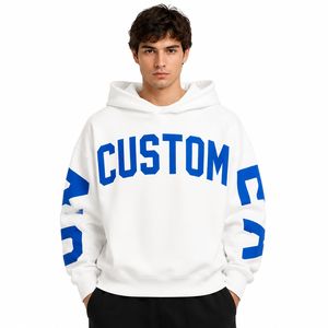 Custom Logo Oversized White Hoodie <b>Men</b> Heavyweight Fleece Streetwear Puff Print Drop Shoulder <b>Pullover</b> Hoodies OEM Private Label - Product Image 1