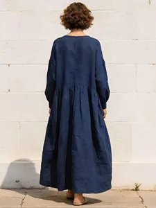 Women Navy Blue Cotton Maxi <b>Dress</b> O Neck Long Sleeve Loose Fit <b>Boho</b> Casual Flowy <b>Summer</b> <b>Dress</b> - Product Image 2