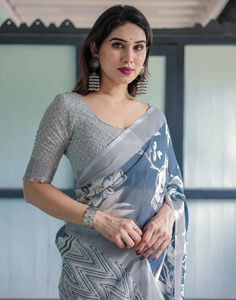 Sari indio elegante estilo Bollywood, tejido en plata, lino y algodón, con hermoso estampado digital, ropa étnica para novias y bodas. - Product Image 6