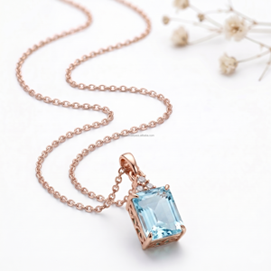 Colgantes y Dijes Finos de Aguamarina con Corte Esmeralda en Oro Blanco de 14K, Piedra de Nacimiento de Marzo, Liderazgo de Aries, Joyería de Lujo, Artículo de Venta Rápida 2 - Product Image 1