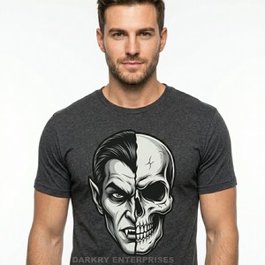 T-shirt gris pour homme avec impression graphique de crâne aux yeux rouges, coton lourd de haute qualité, style streetwear d'horreur, fournisseur en gros - Product Image 2
