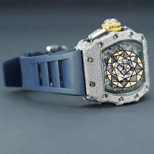 Tonneau Shaped Stainless Steel Quartz Watch Sapphire Crystal Diamond Dial Blue <b>Silicone</b> Band Buckle Water Resistant Watch - Product Image 4