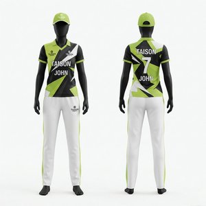 <b>Men</b> Cricket Uniform 160 GSM Premium Polyester Dry Fit Custom Sublimated Jersey <b>Pants</b> Set Green Black <b>White</b> All Seasons - Product Image 1