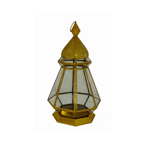 Farolillo marroquí alto cuadrado de latón pulido dorado con techo de campana perforado y paneles de vidrio texturizado en relieve. - Product Image 4