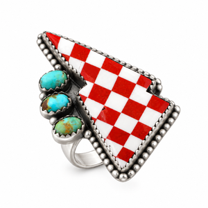 Red Lightning <b>Bolt</b> Stretch Ring Turquoise Western Rose <b>Thunder</b> Boho Style Handmade Statement Jewelry - Product Image 2