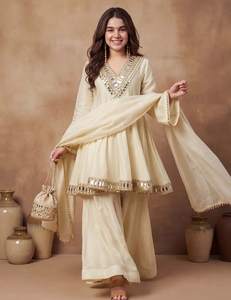 Kurta Sharara Dupatta Festiva KV Cream Mirror Work - Product Image 1