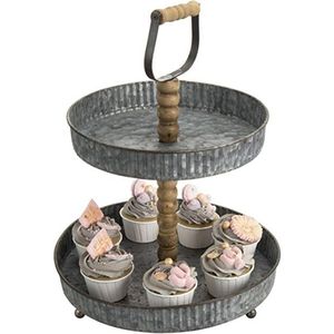Wholesale Rustic 2 <b>Tier</b> Metal Tray <b>Cake</b> Stand Wooden Center Pillar and Handle Farmhouse Tiered Tray Dessert Display Stand - Product Image 1