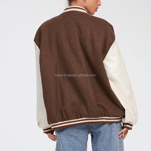 Chaqueta Varsity Unisex Marrón de Mezcla de Lana con Letra M Bordada, Cierre de Cremallera, Hombros Caídos, Corte Holgado, Informal, para Invierno - Product Image 4