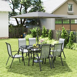 Set di Mobili da Giardino Grigio Misto 8 Pezzi con Ombrellone da 9 Piedi, Tavolo e Sedie da Esterno in PE Resistente alle Intemperie per Uso Ospedaliero - Product Image 2