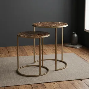 <b>Set</b> Of 2 Iron Wooden <b>Nesting</b> <b>Tables</b> Round Brown Tops Gold Metal Frames Modern Accent Side <b>Tables</b> For Living Room Home Decor - Product Image 6