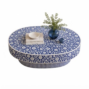 Mesa de Centro Redonda con Incrustaciones de Hueso Hechas a Mano, Diseño Floral Azul y Blanco, Muebles Indios Hechos a Mano, Venta al Por Mayor - Product Image 6