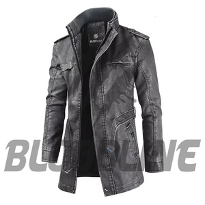BLOODLINE Men's PU Leather <b>Jacket</b> Stand Collar Zipper Closure <b>Slim</b> <b>Fit</b> Long Length Casual Autumn Wear - Product Image 2