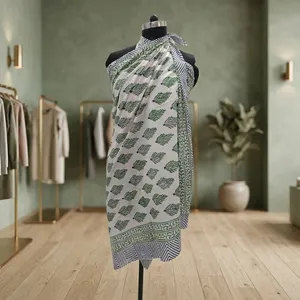 Hand Block Printed Cotton Sarong <b>Wrap</b> Dress Green Floral <b>Beach</b> Cover Up Summer Pareo Scarf Women Wear Stylish - Product Image 1