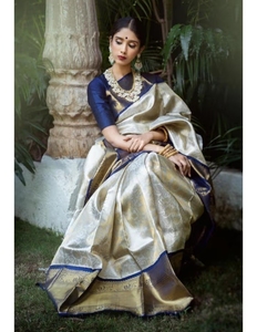 KV Cream Zari <b>Art</b> Silk Border Saree With Unstitched Blouse - Product Image 1