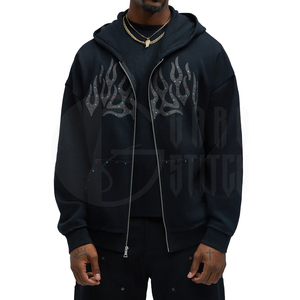 Distress Embroidered Rhinestone Zip-Up Hoodie <b>Black</b> Unisex <b>Fleece</b> Oversized Eco-Friendly Winter - Product Image 2