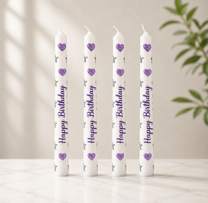 ชุดเทียนวันเกิดสีขาวพรีเมียม 4 แท่ง ลายหัวใจสีม่วง ดีไซน์สุขสันต์วันเกิด ไร้ควัน สำหรับงานคริสต์มาส ฮาโลวีน ปาร์ตี้ เค้ก - Product Image 1