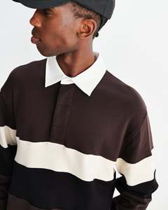 Chemise décontractée à manches longues pour homme, rayée marron, noir et crème, col rabattu, pour l'automne - Product Image 2
