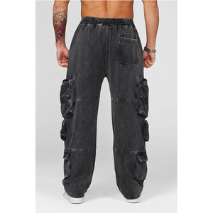 Pantalon cargo en coton délavé pour homme, coupe ample, plusieurs poches, taille élastique, style hip-hop, longueur intégrale, couleur unie, pour l'automne - Product Image 3