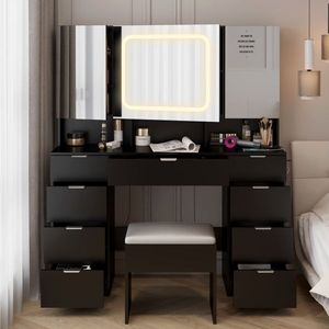 Grande Set da tavolo a 3 luci a LED con cassetti portaoggetti sgabello completo trucco nero vanità ammortizzato mensole per camera da letto - Product Image 2