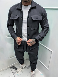 Men's Dark Gray Workwear Style Jacket & <b>Pants</b> Set Turn-<b>Down</b> Collar Solid Color Autumn Wear FRENCH TERRY Fabric made bangladesh - Product Image 3